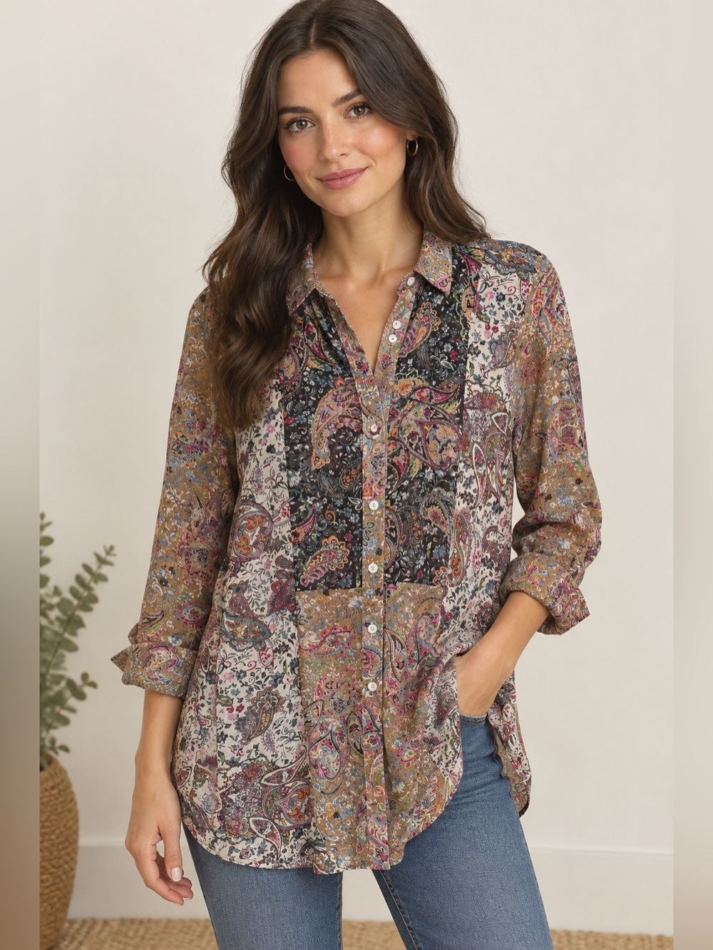 fig and flower Paisley Patchwork Button Down Tunic Top Sz M